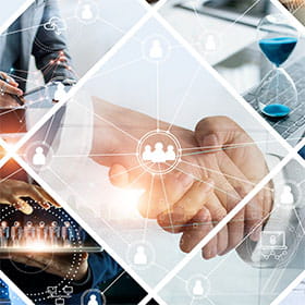collage of business images with two hands shaking each other in middle