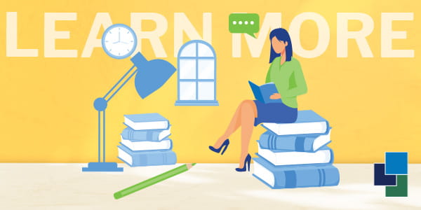 Illustration of a woman sitting on top of books, reading, with the words "Learn More" in the background