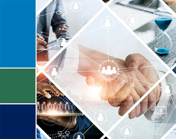 Collage photo depicting concepts of leadership - main focus on shaking hands