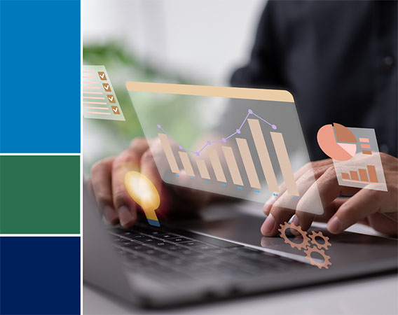 Laptop with hands in scene, overlayed with data tables